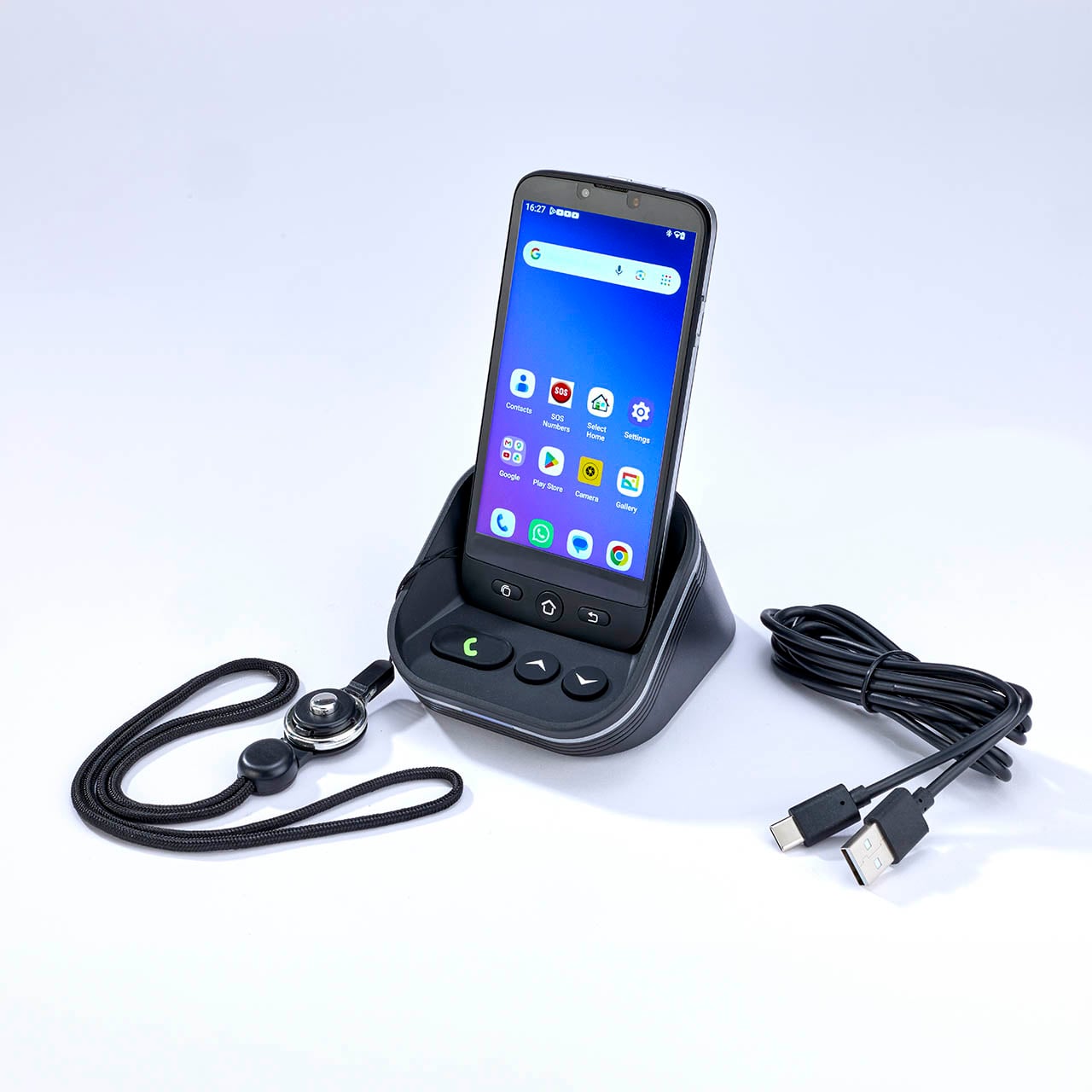 Smartphone with SOS Bracelet, Case and Ampli Base