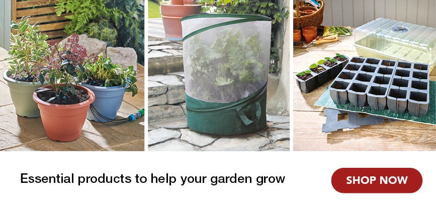 Block showing garden related products such as drip feeder, grow bag and root trainer kits