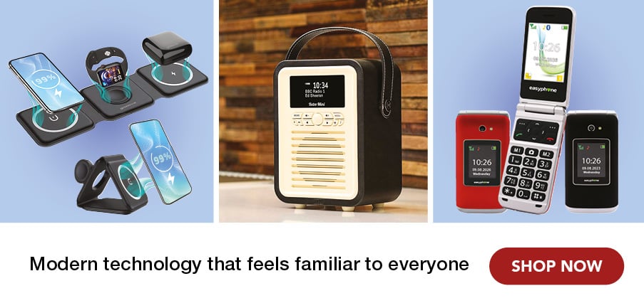 3 images of technology, a foldable wireless charger, dab radio and flip mobile phone