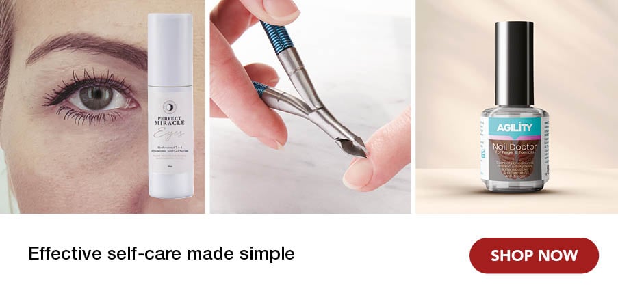 3 images of health and beauty, a sonic flosser, nail doctor serum and angled nail clippers