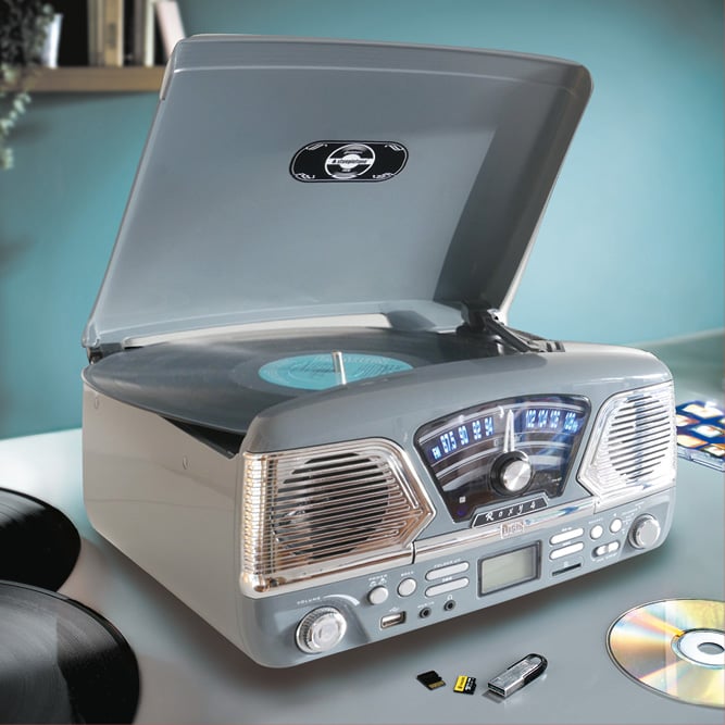 Image of grey retro style record player and radio