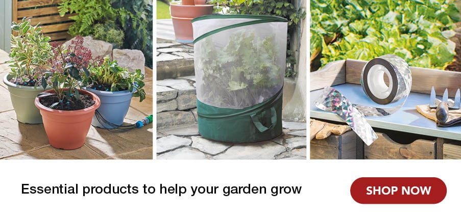 Block showing garden related products such as drip feeder, grow bag and anti bird tape