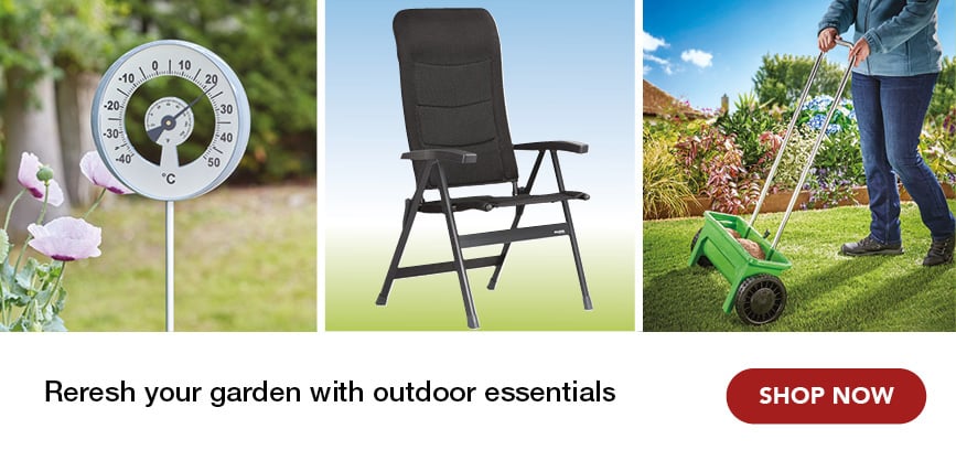 Block showing garden related products; outdoor thermometer, chair and seed spreader