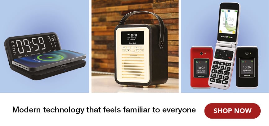 3 images of technology, a foldable wireless charger, dab radio and flip mobile phone