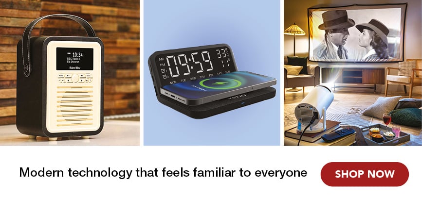 3 images of technology, a foldable wireless charger, dab radio and screen projector