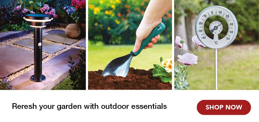 Block showing garden related products; outdoor thermometer, solar lightand pruner