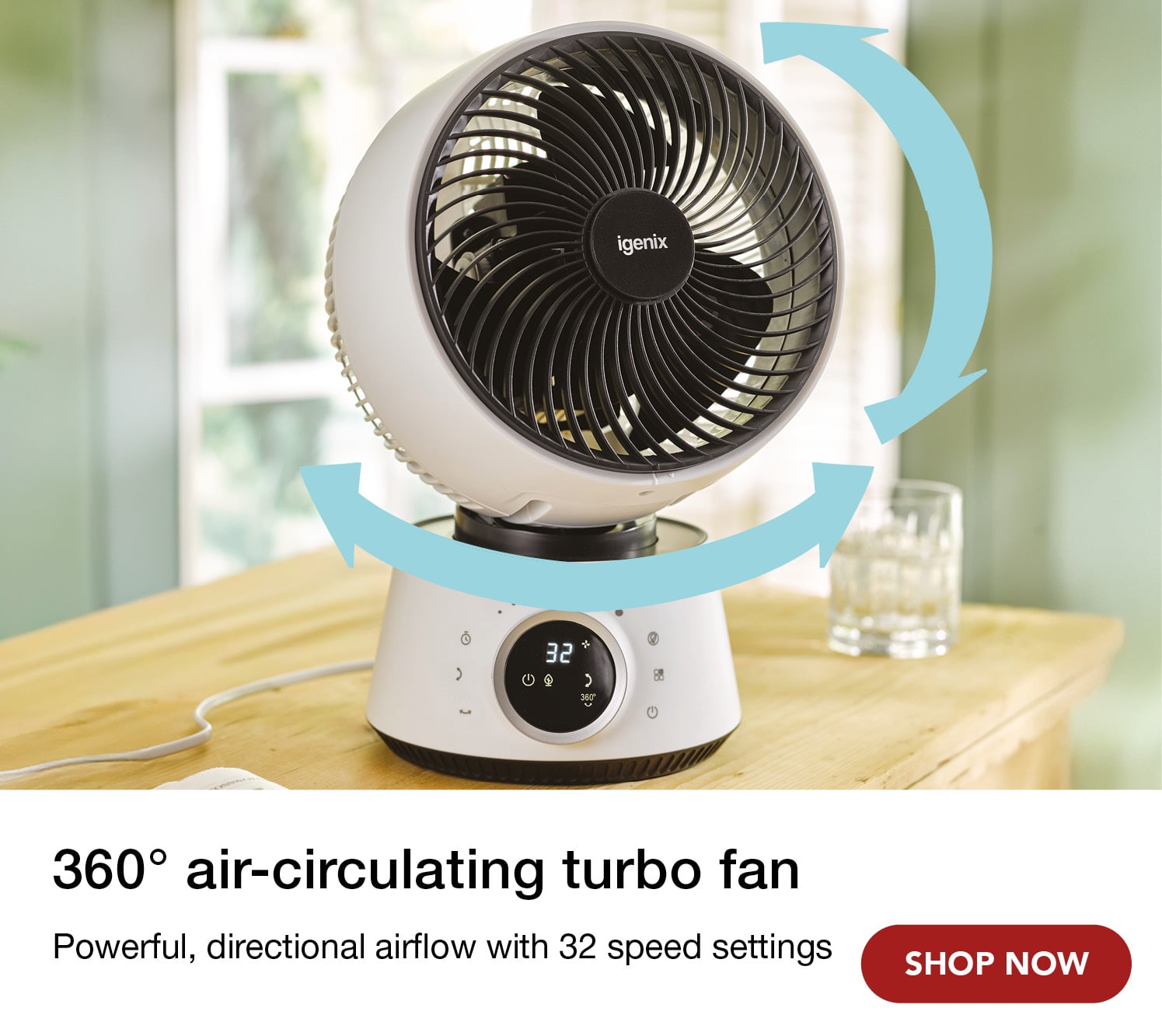 Image of white circulating fan with digital screen showing speed settings